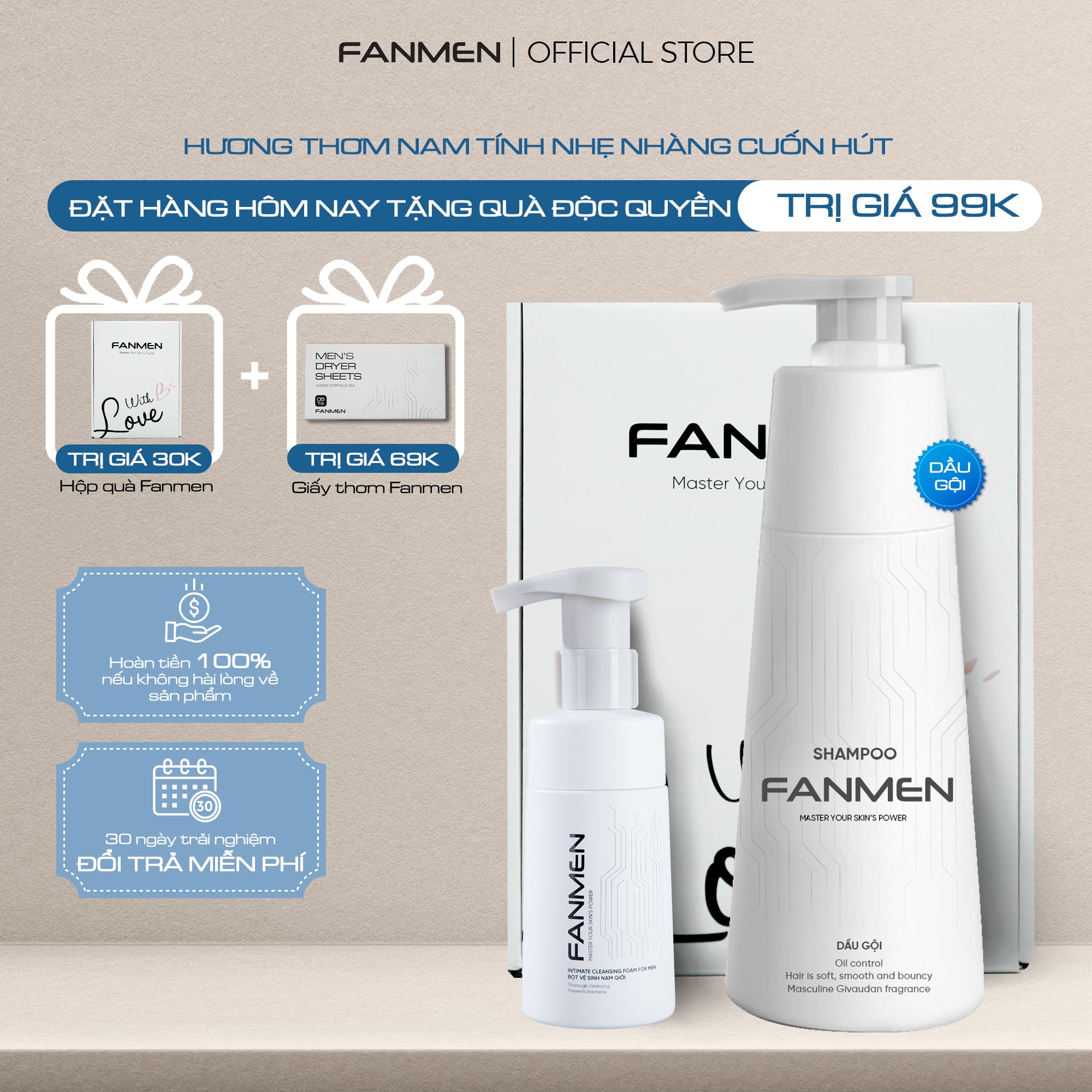 Combo Dầu gội + Bọt vệ sinh Fanmen Tặng: Hộp + Giấy Thơm
