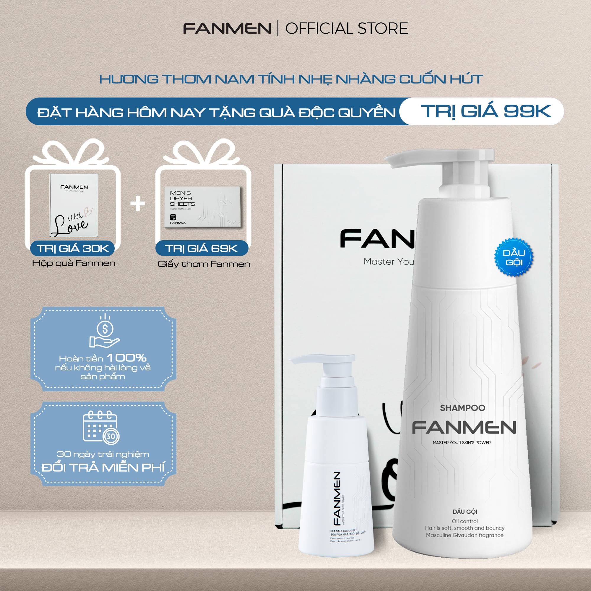 Combo Dầu gội + Sữa rửa mặt Fanmen Tặng: Hộp + Giấy Thơm