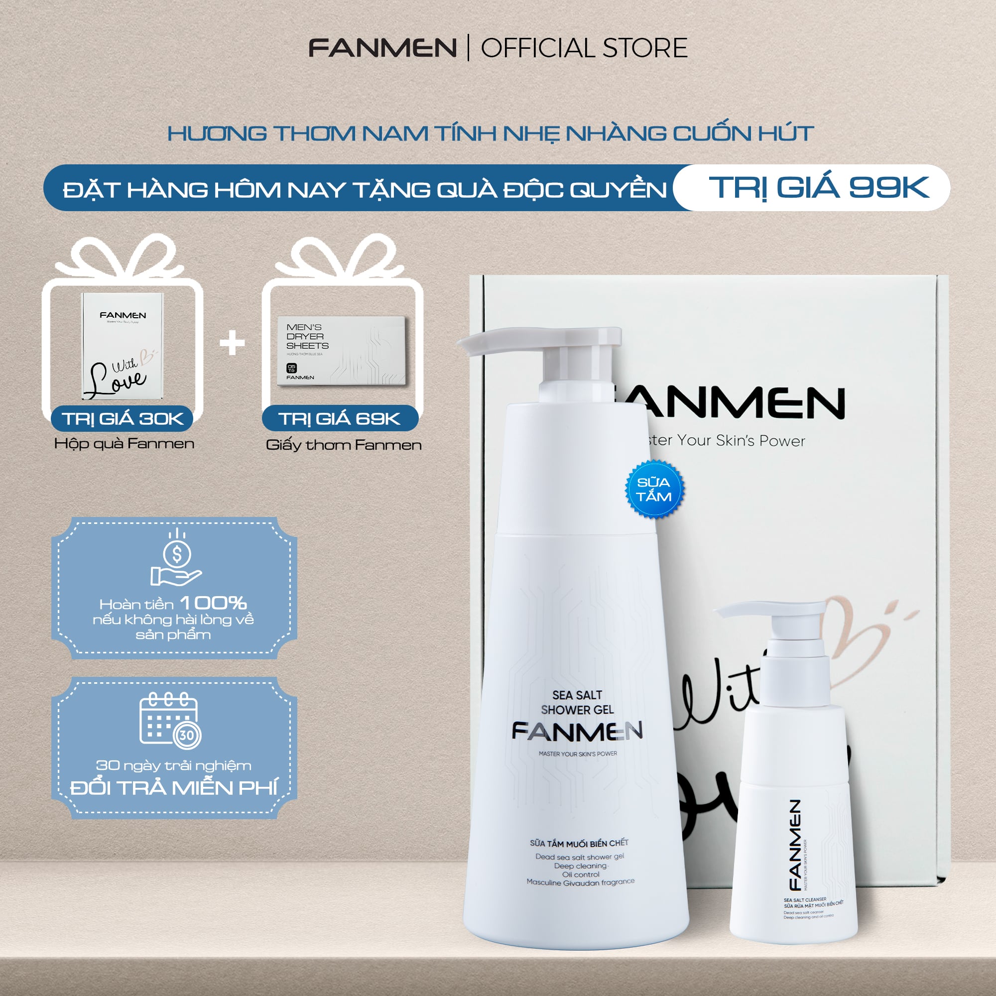 Combo Sữa rửa mặt + Sữa tắm Fanmen Tặng: Hộp + Giấy Thơm