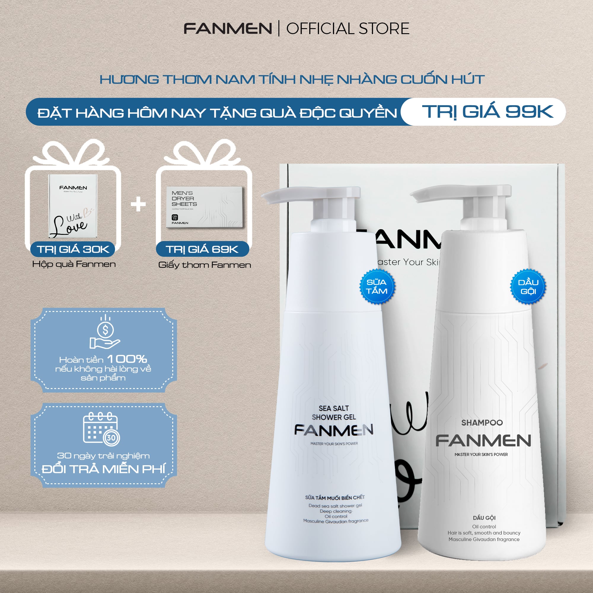 Combo Sữa tắm + Dầu gội Fanmen Tặng: Hộp + Giấy Thơm