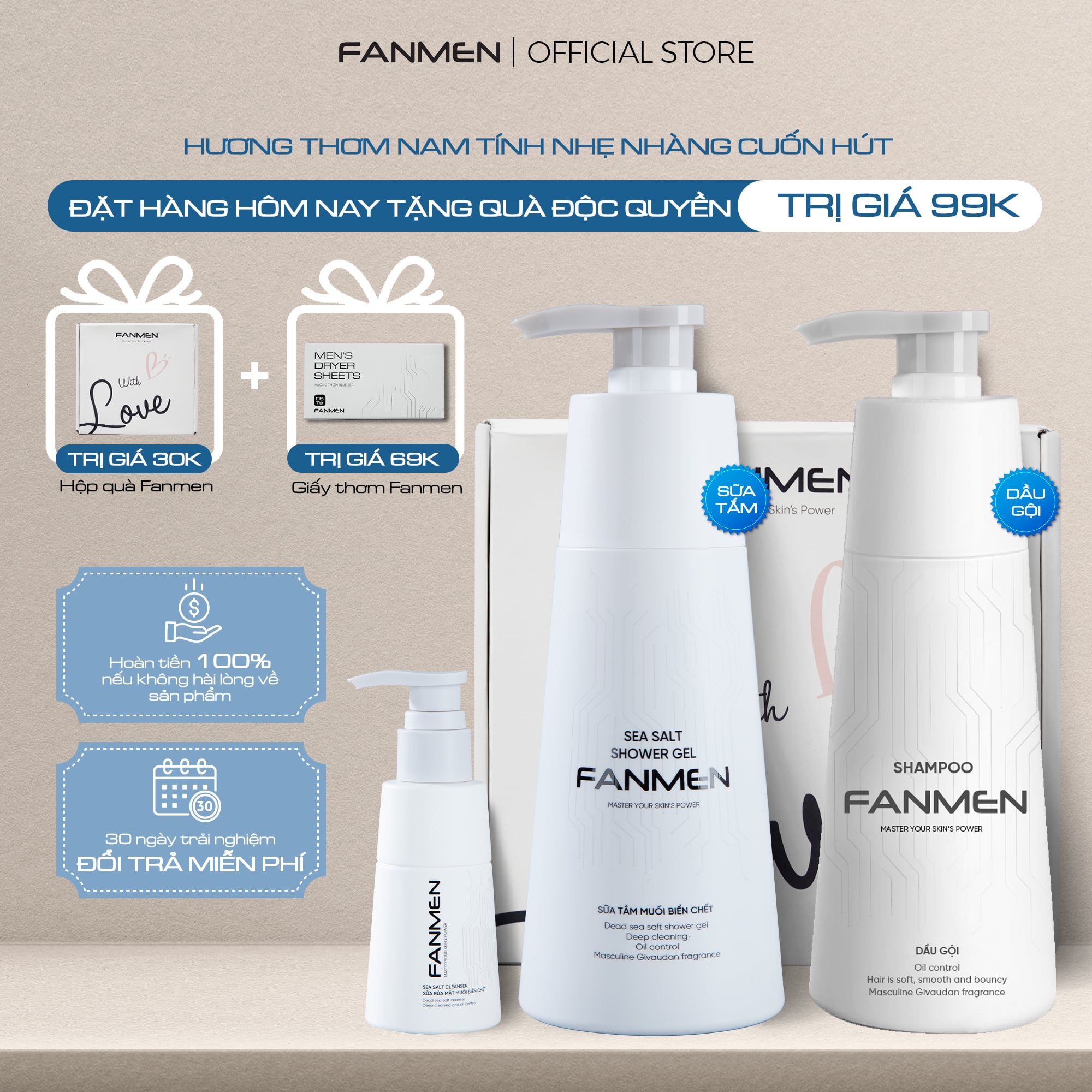 Combo Dầu gội + Sữa rửa mặt + Sữa tắm Fanmen Tặng: Hộp + Giấy Thơm