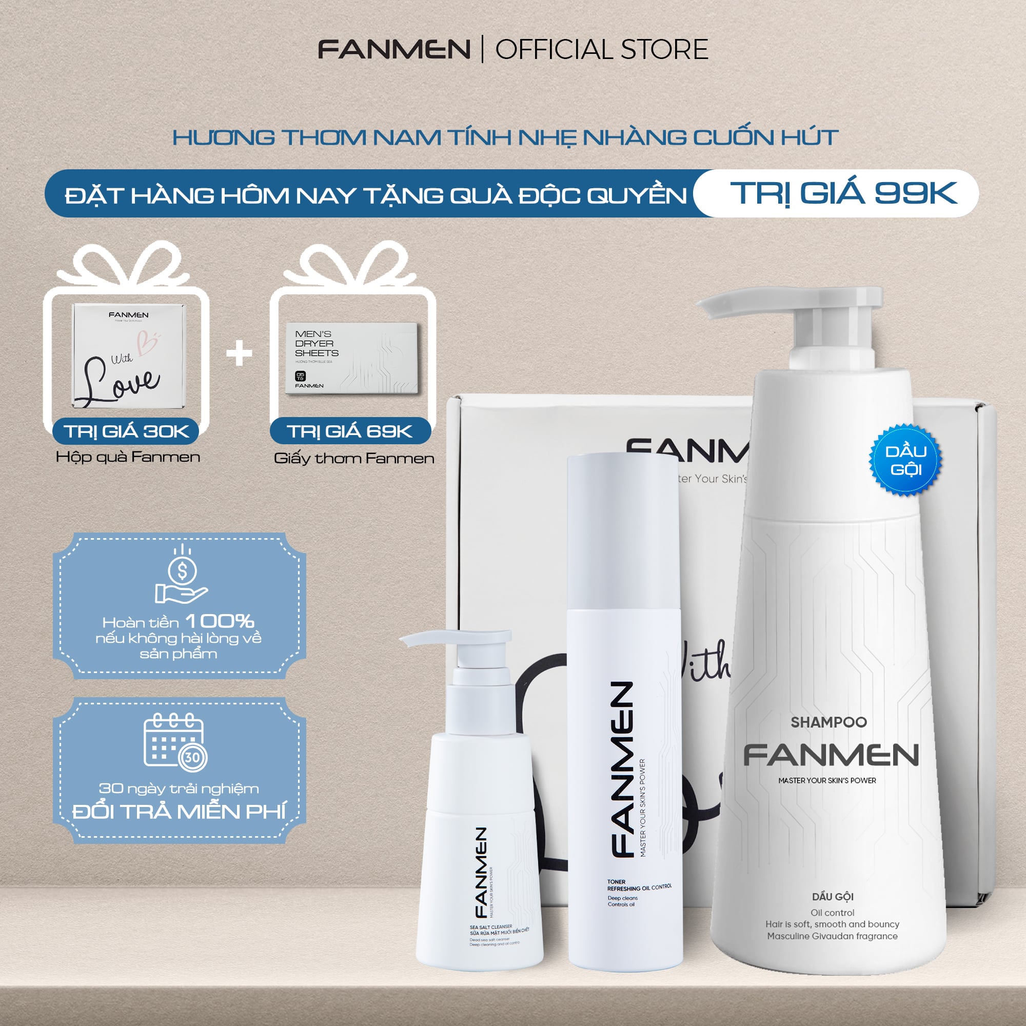 Combo Dầu gội + Sữa rửa mặt + Toner Fanmen Tặng: Hộp + Giấy Thơm