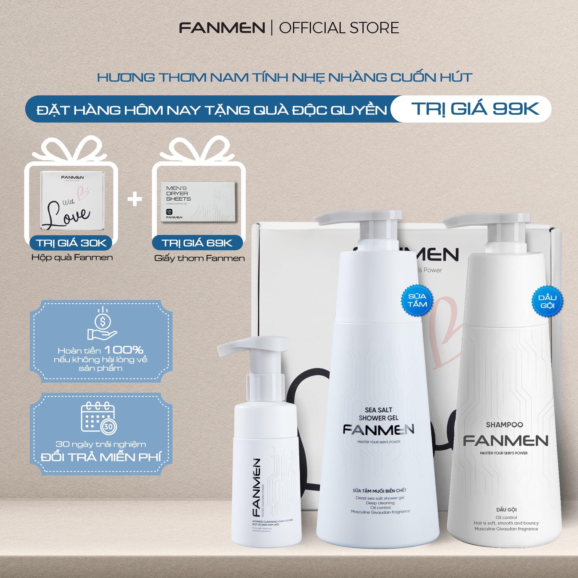 Combo Dầu gội + Sữa tắm + Bọt vệ sinh Fanmen Tặng: Hộp + Giấy Thơm