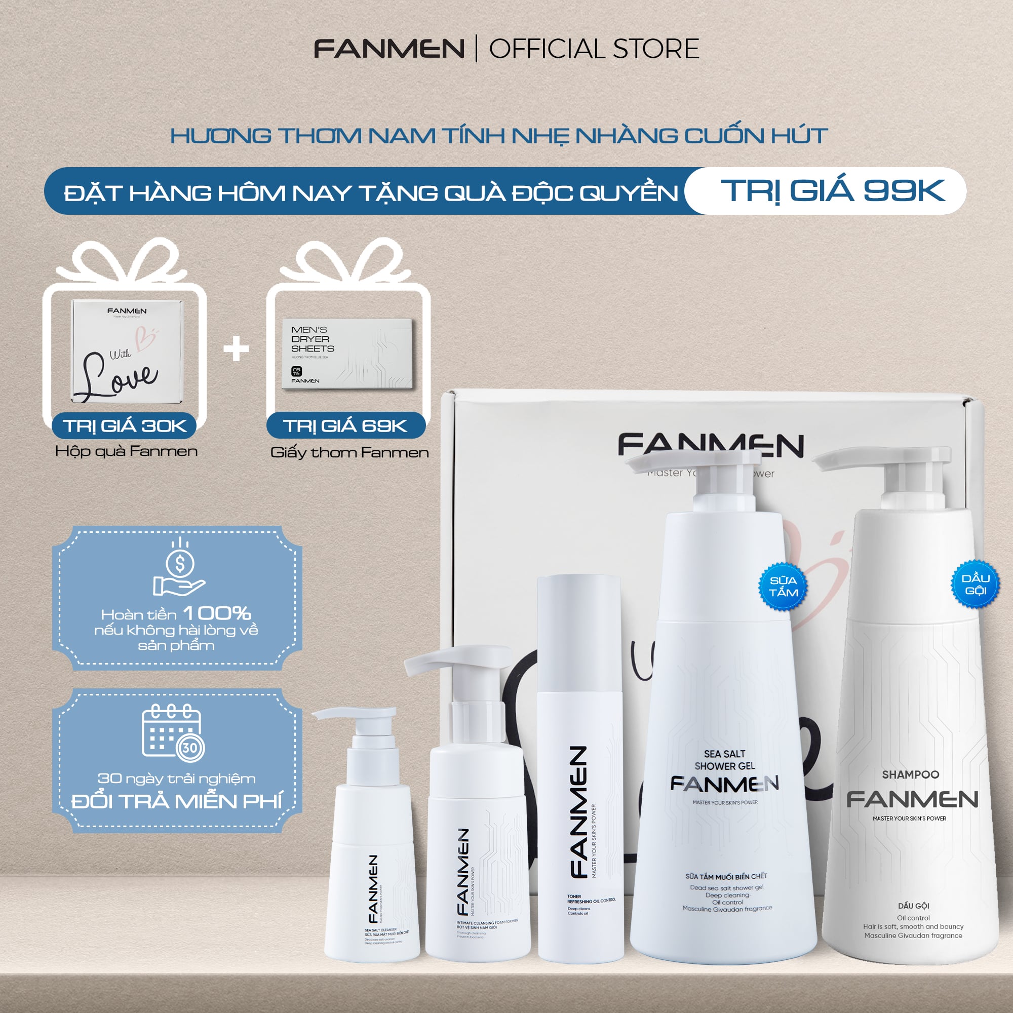 Combo Sữa rửa mặt + Toner + Sữa tắm + Bọt vệ sinh + Dầu Gội Fanmen Tặng: Hộp + Giấy Thơm