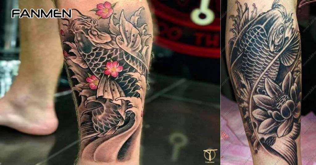 Hình xăm cá chép ở chân màu đen 4