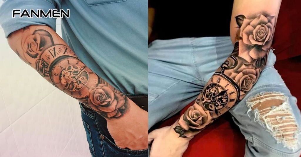 Hình xăm đồng hồ hoa hồng cho nam 4
