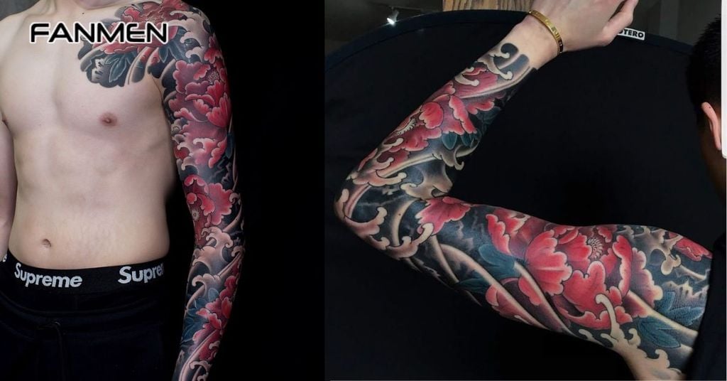 Hình xăm hoa mẫu đơn kín tay cho nam 3