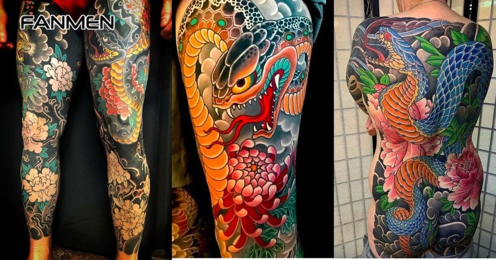 Hình xăm hoa mẫu đơn và rắn 2