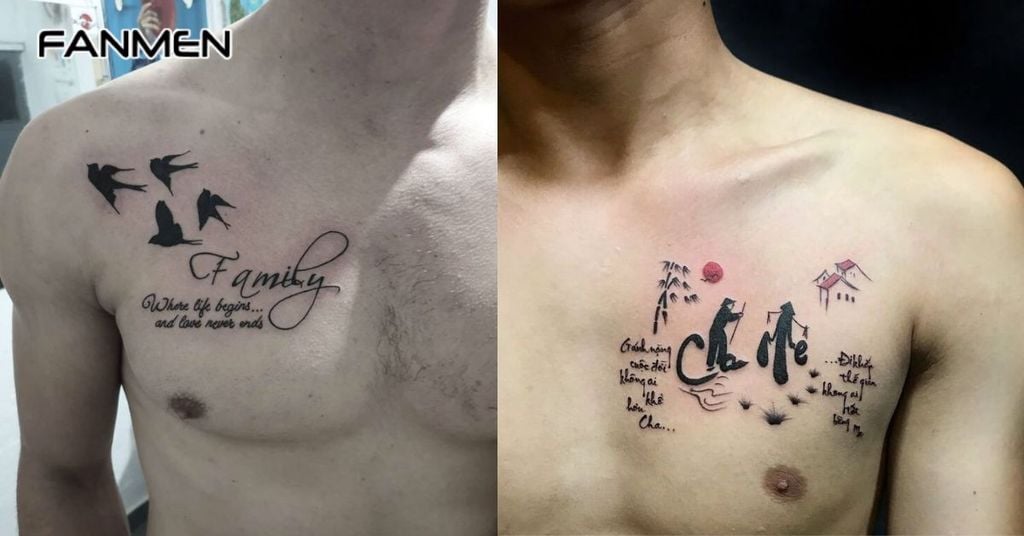 Hình xăm chữ kết hợp với họa tiết khác ở ngực nam 1