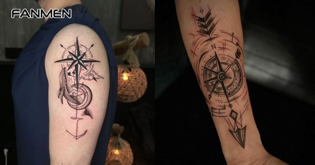 Hình xăm la bàn đen trắng 8