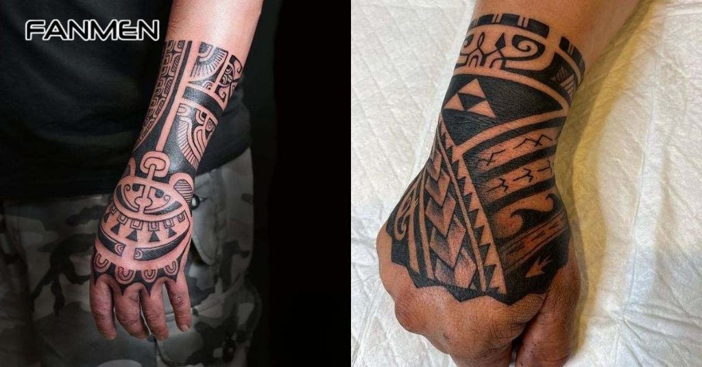 Hình xăm mu bàn tay nam phong cách Tribal