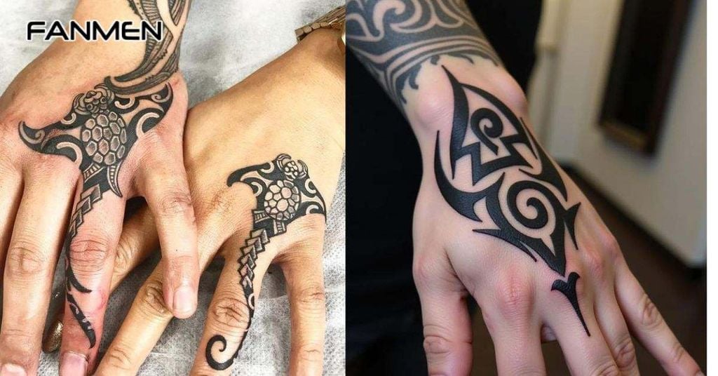 Hình xăm mu bàn tay nam phong cách Tribal