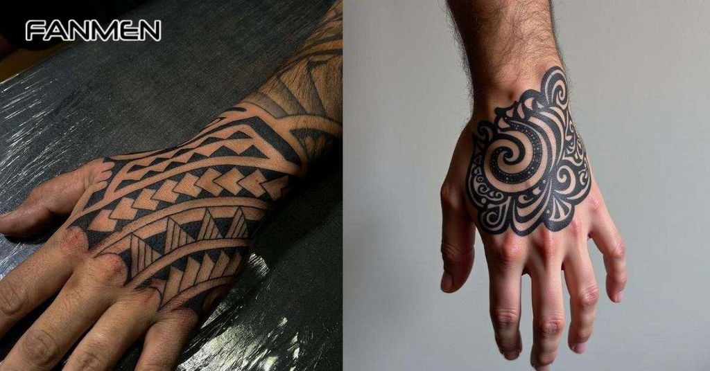 Hình xăm mu bàn tay nam phong cách Tribal