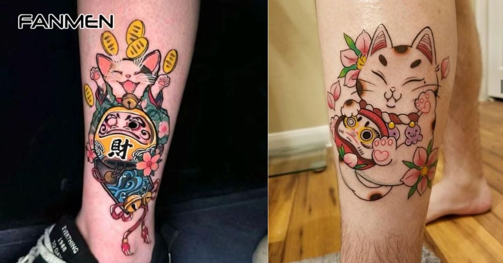 Hình xăm Mèo Thần Tài kết hợp yếu tố Nhật Bản 4