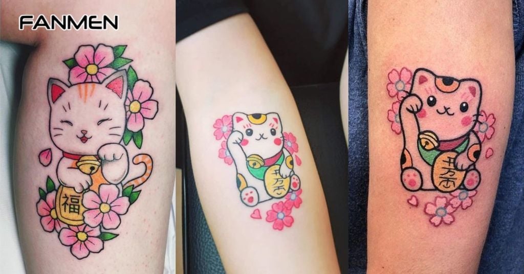 Hình Xăm Mèo Thần Tài Kết Hợp Yếu Tố Nhật Bản