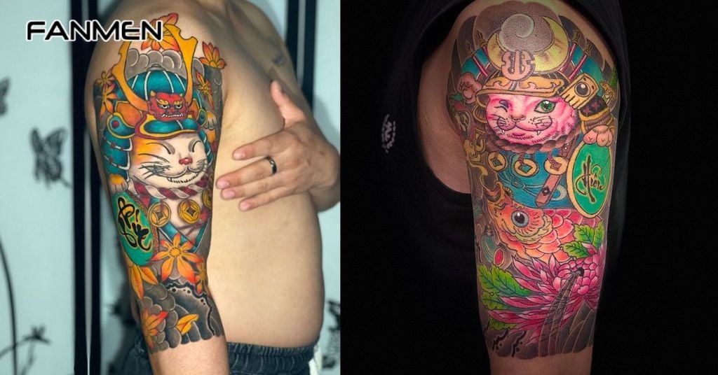 Hình xăm Mèo Thần Tài kết hợp yếu tố Nhật Bản 7